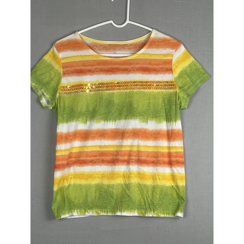 White Stag Womens Medium Multicolor Striped Sequin‎ Short Sleeve Top Casual
